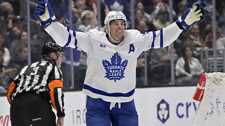 Mar 29, 2025; Los Angeles, California, USA;  Toronto Maple Leafs center John Tavares (91) celebrates after scoring in the third period against the Los Angeles Kings at Crypto.com Arena. Mandatory Credit: Jayne Kamin-Oncea-Imagn Images