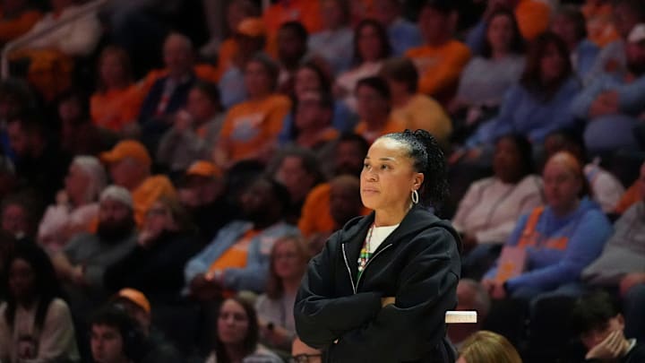South Carolina basketball coach Dawn Staley during the NCAA college basketball game against Tennessee on Monday, Jan. 27, 2025, in Knoxville, Tenn.