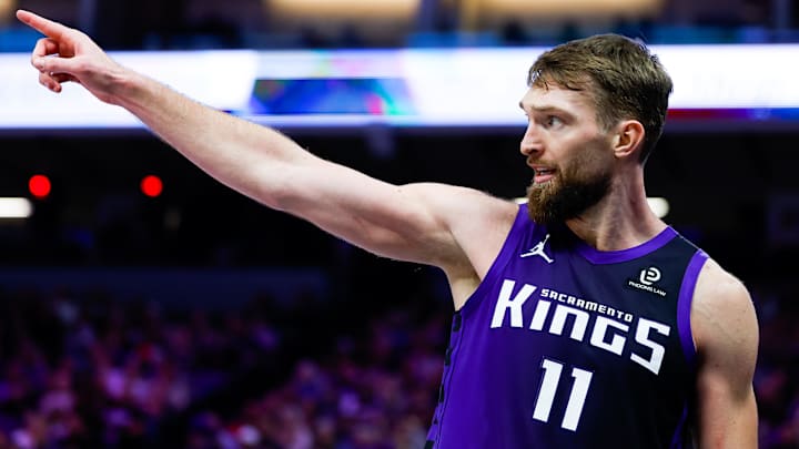 Jan 16, 2026; Sacramento, California, USA; Sacramento Kings forward Domantas Sabonis (11) reacts after a play during the fourth quarter against the Washington Wizards at Golden 1 Center. Mandatory Credit: Sergio Estrada-Imagn Images