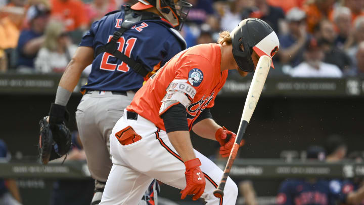 Aug 24, 2024; Baltimore, Maryland, USA; Baltimore Orioles shortstop Gunnar Henderson reacts after striking out. Aug 24, 2024; Baltimore, Maryland, USA; Baltimore Orioles shortstop Gunnar Henderson reacts after striking out.