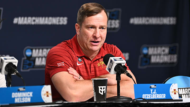 Mar 20, 2026; St. Louis, MO, USA; Iowa State Cyclones head coach T.J. Otzelberger addresses the media after a first round game of the men's 2026 NCAA Tournament against the Tennessee State Tigers at Enterprise Center. Mandatory Credit: Jeff Le-Imagn Images Mar 20, 2026; St. Louis, MO, USA; Iowa State Cyclones head coach T.J. Otzelberger addresses the media after a first round game of the men's 2026 NCAA Tournament against the Tennessee State Tigers at Enterprise Center. Mandatory Credit: Jeff Le-Imagn Images