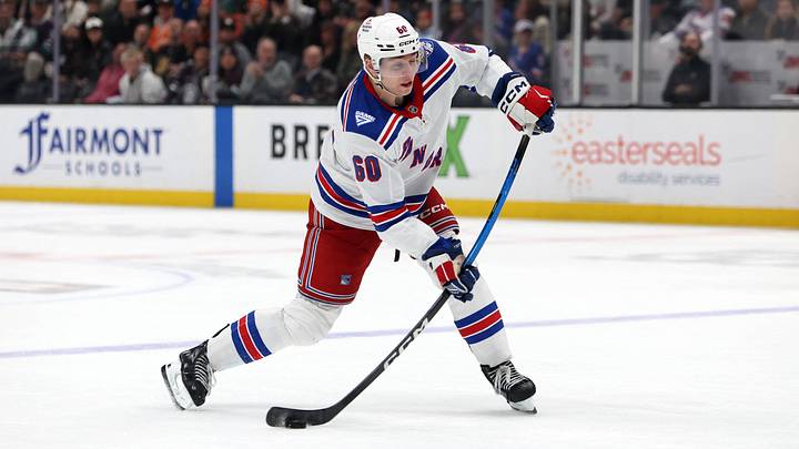 Jan 19, 2026; Anaheim, California, USA;  New York Rangers defenseman Scott Morrow (60) takes a slapshot during the third period against the Anaheim Ducks at Honda Center. Mandatory Credit: Kiyoshi Mio-Imagn Images