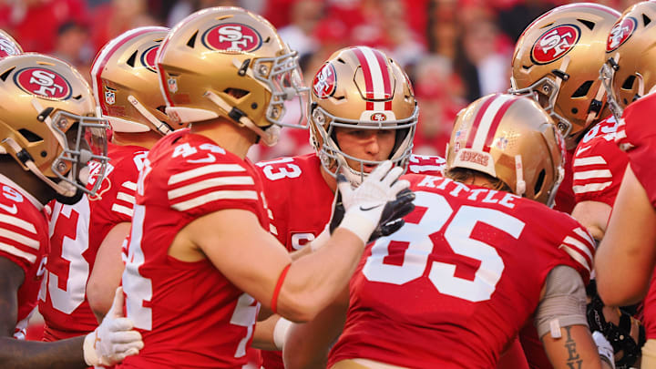 Jan 28, 2024; Santa Clara, California, USA; San Francisco 49ers quarterback Brock Purdy (13) huddles
