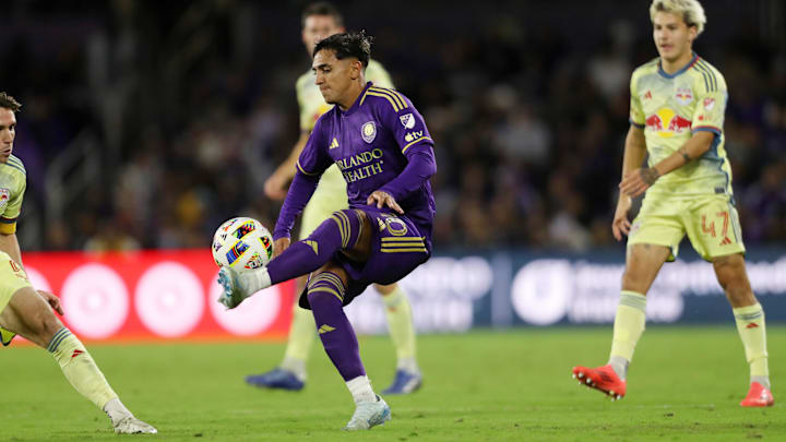 Nov 30, 2024; Orlando, Florida, USA; Orlando City midfielder Facundo Torres (10) controls the ball against the New York Red Bulls during the second half in the 2024 MLS Cup Eastern Conference Final match at Inter&Co Stadium. Mandatory Credit: Morgan Tencza-Imagn Images