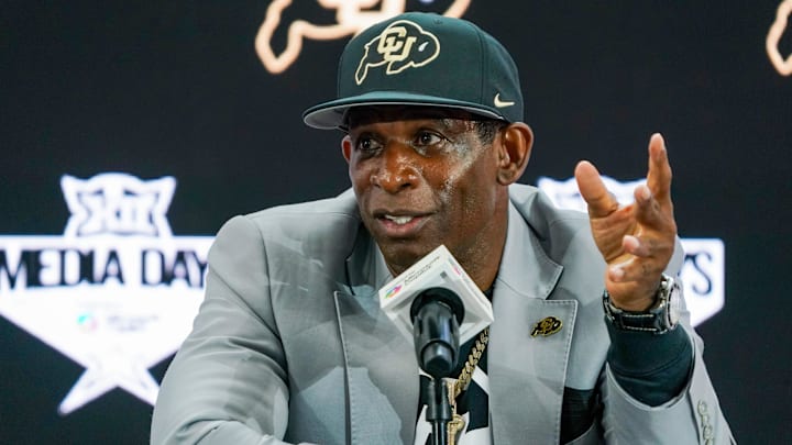 Colorado head coach Deion Sanders speaks with the media during 2025 Big 12 Football Media Days at The Star. Colorado head coach Deion Sanders speaks with the media during 2025 Big 12 Football Media Days at The Star.