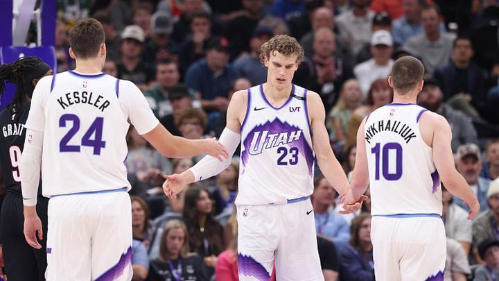 Oct 29, 2025; Salt Lake City, Utah, USA; Utah Jazz forward Lauri Markkanen (23) interacts with center Walker Kessler (24) and guard Svi Mykhailiuk (10) after a basket against the Portland Trail Blazers during the second quarter at Delta Center. Mandatory Credit: Rob Gray-Imagn Images Oct 29, 2025; Salt Lake City, Utah, USA; Utah Jazz forward Lauri Markkanen (23) interacts with center Walker Kessler (24) and guard Svi Mykhailiuk (10) after a basket against the Portland Trail Blazers during the second quarter at Delta Center. Mandatory Credit: Rob Gray-Imagn Images