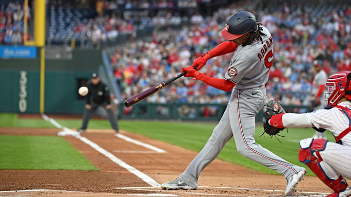 Mar 30, 2026; Philadelphia, Pennsylvania, USA; Washington Nationals shortstop CJ Abrams (5) hits an RBI single during the first inning against the Philadelphia Phillies at Citizens Bank Park. 