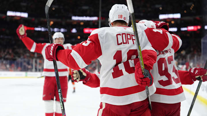 Apr 2, 2026; Philadelphia, Pennsylvania, USA; Detroit Red Wings right wing Alex Debrincat (93) celebrates with teammates after scoring a goal against the Philadelphia Flyers in the third period at Xfinity Mobile Arena. Mandatory Credit: Kyle Ross-Imagn Images