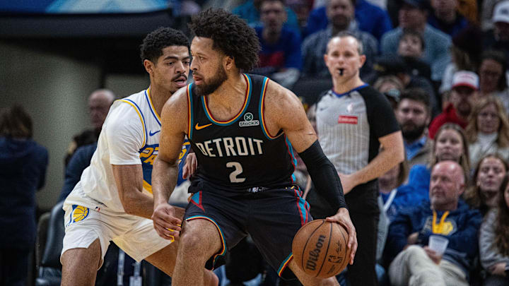 Nov 24, 2025; Indianapolis, Indiana, USA; IDetroit Pistons guard Cade Cunningham (2) dribbles the ball while Indiana Pacers guard Ben Sheppard (26) defends in the first half at Gainbridge Fieldhouse. Mandatory Credit: Trevor Ruszkowski-Imagn Images