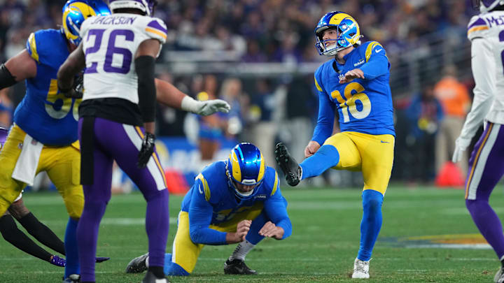 Jan 13, 2025; Glendale, AZ, USA; Los Angeles Rams place kicker Joshua Karty (16) kicks a field goal against the Minnesota Vikings during the second half in an NFC wild card game at State Farm Stadium. Mandatory Credit: Joe Camporeale-Imagn Images