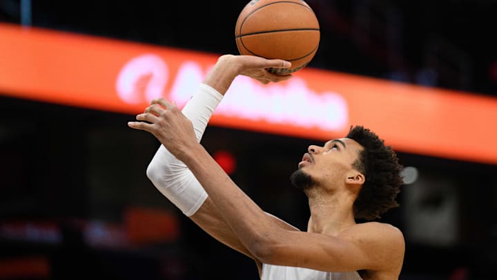 Feb 10, 2025; Washington, District of Columbia, USA; San Antonio Spurs center Victor Wembanyama (1) warms up before the game between the Washington Wizards and the San Antonio Spurs at Capital One Arena.