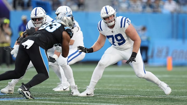 Nov 5, 2023; Charlotte, North Carolina, USA; Indianapolis Colts offensive tackle Bernhard Raimann (79) during the first quarter against the Carolina Panthers at Bank of America Stadium. Mandatory Credit: Jim Dedmon-Imagn Images