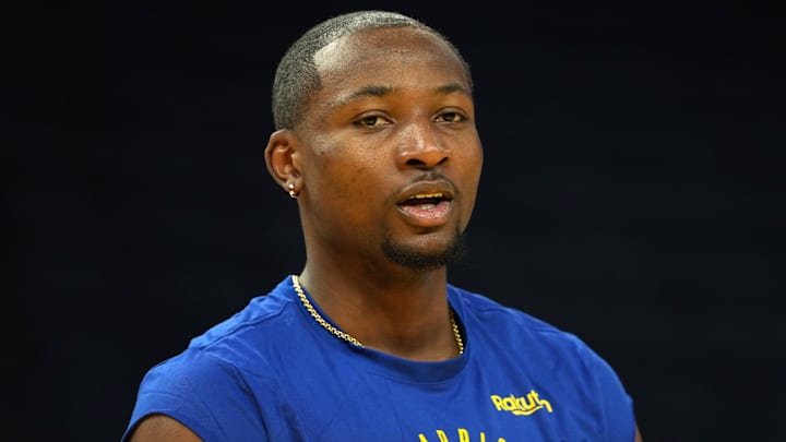 Dec 15, 2024; San Francisco, California, USA; Golden State Warriors forward Jonathan Kuminga (00) before the game against the Dallas Mavericks at Chase Center. Mandatory Credit: Darren Yamashita-Imagn Images
