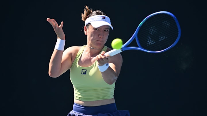 Lulu Sun of New Zealand returns during her round 1 match against Danka Kovinic of Montenegro during the 2025 Australian Open at Melbourne Park in Melbourne, Tuesday, January 14, 2025. Lulu Sun of New Zealand returns during her round 1 match against Danka Kovinic of Montenegro during the 2025 Australian Open at Melbourne Park in Melbourne, Tuesday, January 14, 2025.