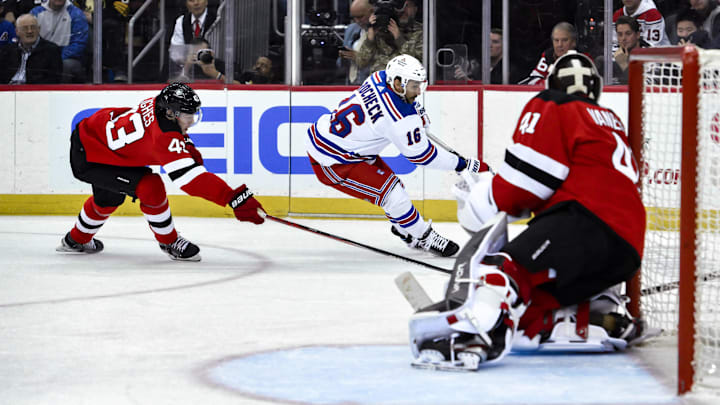 Nov 18, 2023; Newark, New Jersey, USA; New York Rangers center Vincent Trocheck (16) skates past New