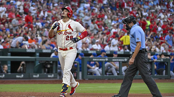 Aug 19, 2023; St. Louis, Missouri, USA;  St. Louis Cardinals third baseman Nolan Arenado (28) reacts after hitting a solo home run against the New York Mets during the fourth inning at Busch Stadium. Mandatory Credit: Jeff Curry-Imagn Images