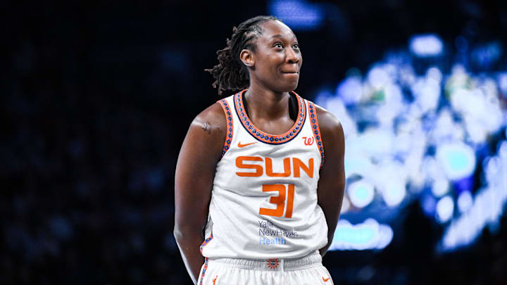 Jun 1, 2025; Brooklyn, New York, USA; Connecticut Sun center Tina Charles (31) during the first half against the New York Liberty at Barclays Center. Mandatory Credit: John Jones-Imagn Images