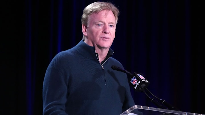 Feb 9, 2026; San Francisco, CA, USA; NFL commissioner Roger Goodell speaks at the Super Bowl LX host committee handoff press conference at Moscone Center. Mandatory Credit: Kirby Lee-Imagn Images