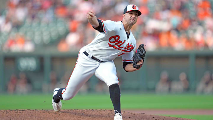 Aug 9, 2023; Baltimore, Maryland, USA; Baltimore Orioles pitcher Jack Flaherty (15) delivers in the first inning against the Houston Astros at Oriole Park at Camden Yards. Mandatory Credit: Mitch Stringer-Imagn Images