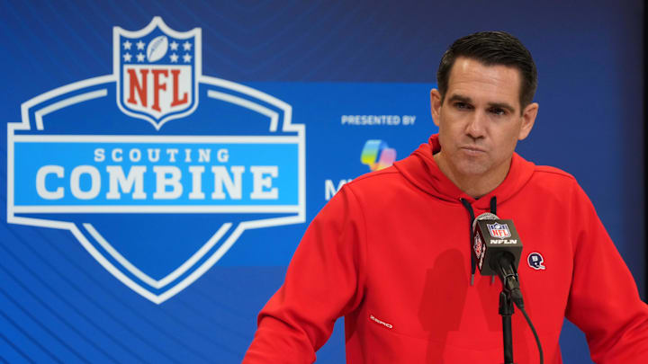 Feb 25, 2025; Indianapolis, IN, USA; New York Giants general manager Joe Schoen speaks during the NFL Scouting Combine at the Indiana Convention Center. Mandatory Credit: Kirby Lee-Imagn Images