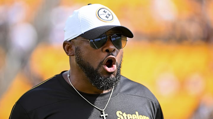 Sep 22, 2024; Pittsburgh, Pennsylvania, USA; Pittsburgh Steelers head coach Mike Tomlin watches warmups for a game against the Los Angeles Chargers at Acrisure Stadium. Mandatory Credit: Barry Reeger-Imagn Images