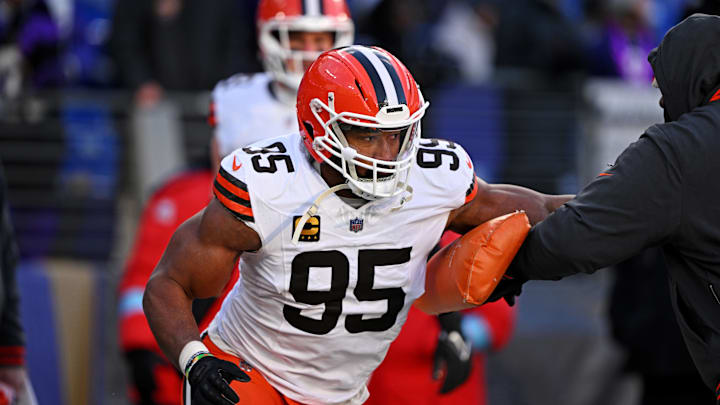 Jan 4, 2025; Baltimore, Maryland, USA; Cleveland Browns defensive end Myles Garrett (95) warms up before the game against Baltimore Ravens at M&T Bank Stadium. Mandatory Credit: Tommy Gilligan-Imagn Images