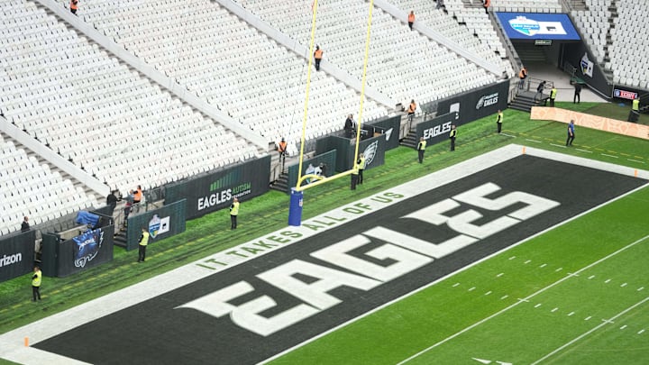 Sep 6, 2024; Sao Paulo, Brazil; The Philadelphia Eagles logo in the end zone at the 2024 NFL Sao Paolo Game at Neo Quimica Arena. Mandatory Credit: Kirby Lee-Imagn Images