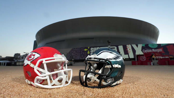 Feb 7, 2025; New Orleans, LA, USA; A general overall view of Kansas City Chiefs and Philadelphia Eagles helmets at the Caesars Superdome, the site of the Super Bowl LIX between the Kansas City Chiefs and the Philadelphia Eagles. Mandatory Credit: Kirby Lee-Imagn Images