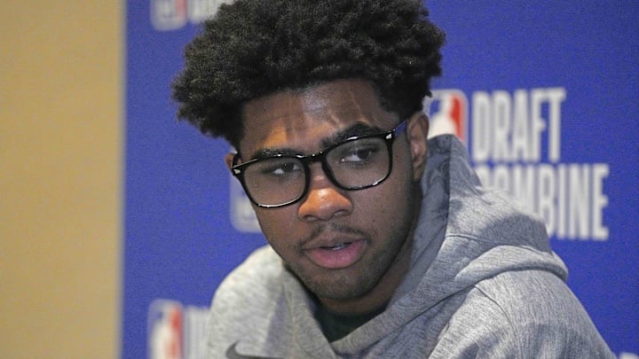 May 14, 2025; Chicago, Il, USA; Jase Richardson talks to the media during the 2025 NBA Draft Combine at Marriott Marquis Chicago. Mandatory Credit: David Banks-Imagn Images