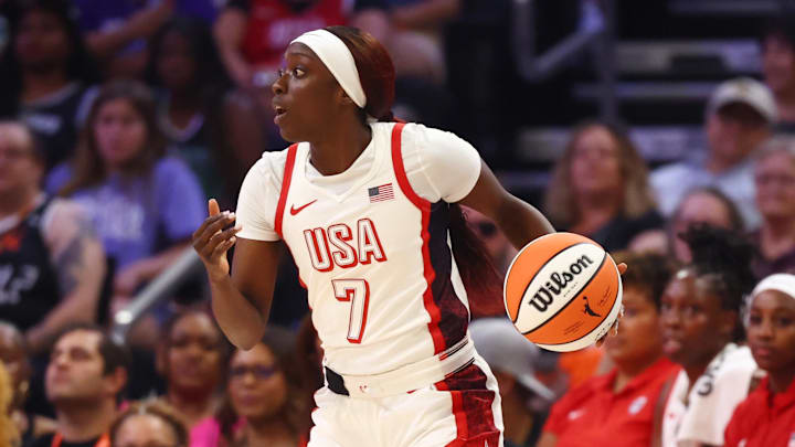 Jul 20, 2024; Phoenix, AZ, USA; USA Women's National Team guard Kahleah Copper (7) during the WNBA All Star game at Footprint Center. Mandatory Credit: Mark J. Rebilas-Imagn Images