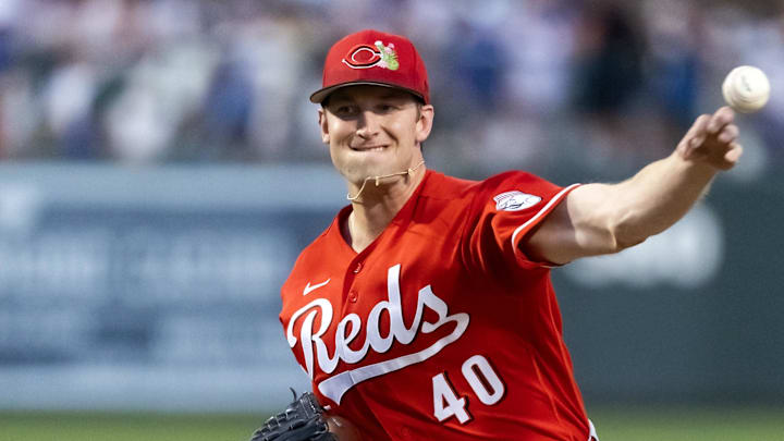 Mar 12, 2026; Phoenix, Arizona, USA; Cincinnati Reds pitcher Nick Lodolo against the Los Angeles Dodgers during a spring training game at Camelback Ranch-Glendale. Mandatory Credit: Mark J. Rebilas-Imagn Images