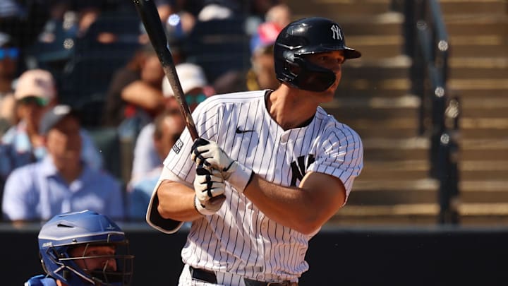 Feb 25, 2024; Tampa, Florida, USA; New York Yankees	outfielder Spencer Jones (78) singles during the fourth inning against the Toronto Blue Jays at George M. Steinbrenner Field. Mandatory Credit: Kim Klement Neitzel-USA TODAY Sports