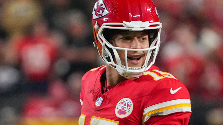 Kansas City Chiefs quarterback Patrick Mahomes (15) reacts to a no-call against the New Orleans Saints during the second half at GEHA Field at Arrowhead Stadium.