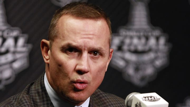 Jun 2, 2015; Tampa, FL, USA; Detroit Red Wings general manager Steve Yzerman talks with media during media day the day before the 2015 Stanley Cup Final at Amalie Arena. Mandatory Credit: Kim Klement-Imagn Images