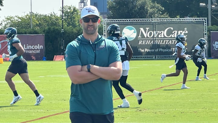 Eagles coach Nick Sirianni surveys practice. Eagles coach Nick Sirianni surveys practice.