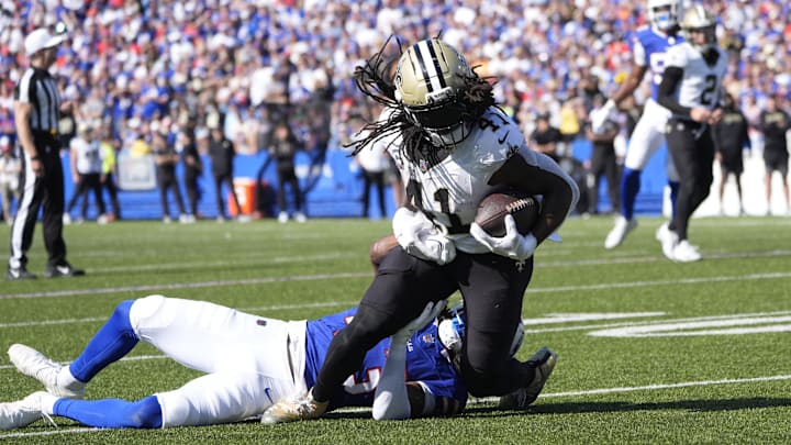 Sep 28, 2025; Orchard Park, New York, USA; New Orleans Saints running back Alvin Kamara (41) is tackled by Buffalo Bills cornerback Dorian Strong (43) during the third quarter bat Highmark Stadium. Mandatory Credit: Gregory Fisher-Imagn Images Sep 28, 2025; Orchard Park, New York, USA; New Orleans Saints running back Alvin Kamara (41) is tackled by Buffalo Bills cornerback Dorian Strong (43) during the third quarter bat Highmark Stadium. Mandatory Credit: Gregory Fisher-Imagn Images