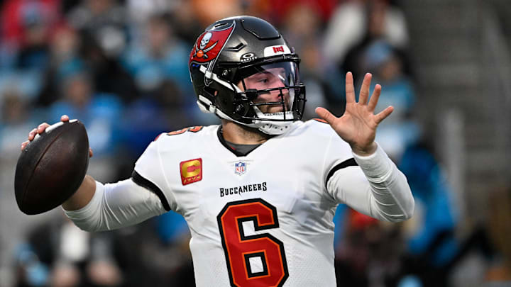 Dec 1, 2024; Charlotte, North Carolina, USA; Tampa Bay Buccaneers quarterback Baker Mayfield (6) looks to pass in the second quarter at Bank of America Stadium. Mandatory Credit: Bob Donnan-Imagn Images Dec 1, 2024; Charlotte, North Carolina, USA; Tampa Bay Buccaneers quarterback Baker Mayfield (6) looks to pass in the second quarter at Bank of America Stadium. Mandatory Credit: Bob Donnan-Imagn Images