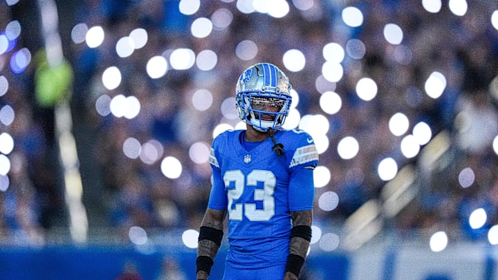 Detroit Lions cornerback Carlton Davis III (23) looks on at a timeout against Los Angeles Rams during the second half at Ford Field in Detroit on Sunday, September 8, 2024. Detroit Lions cornerback Carlton Davis III (23) looks on at a timeout against Los Angeles Rams during the second half at Ford Field in Detroit on Sunday, September 8, 2024.