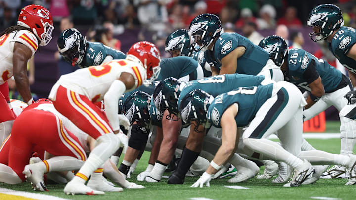 Eagles quarterback Jalen Hurts lines up for a quarterback sneak at the goal line in Super Bowl LIX at Ceasars Superdome.