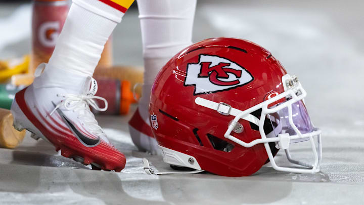 Aug 9, 2025; Glendale, Arizona, USA; Detailed view of a Kansas City Chiefs helmet during a preseason NFL game at State Farm Stadium. Mandatory Credit: Mark J. Rebilas-Imagn Images