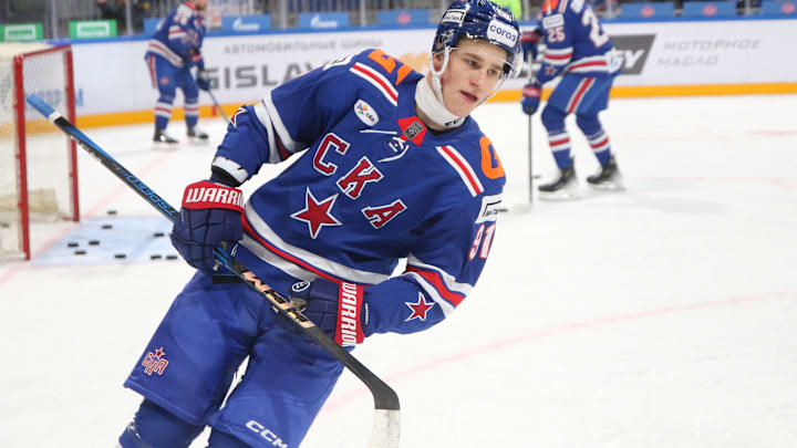 Ivan Demidov (91) of SKA Hockey Club seen in action during...