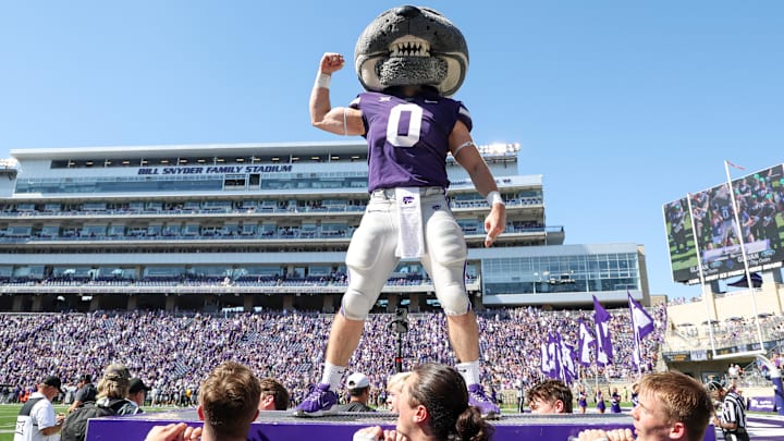 Sep 27, 2025; Manhattan, Kansas, USA; Kansas State Wildcats mascot Willie Wildcat celebrates a touchdown against the UCF Knights in the third quarter at Bill Snyder Family Football Stadium. Mandatory Credit: Scott Sewell-Imagn Images
