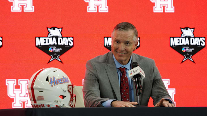 Houston head coach Willie Fritz speaks with the media during 2025 Big 12 Football Media Days at The Star. 