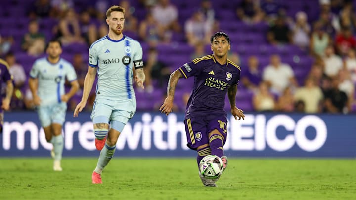 Jul 26, 2024; Orlando, Florida, USA; Orlando City midfielder Facundo Torres (10) passes the ball against CF Montreal in the second half during the group stage of Leagues Cup at INTER&;CO Stadium. Mandatory Credit: Nathan Ray Seebeck-USA TODAY Sports