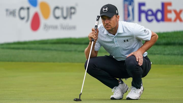 Jordan Spieth lines up a putt on the 18th green during the second round of the THE CJ CUP Byron Nelson golf tournament. Jordan Spieth lines up a putt on the 18th green during the second round of the THE CJ CUP Byron Nelson golf tournament.