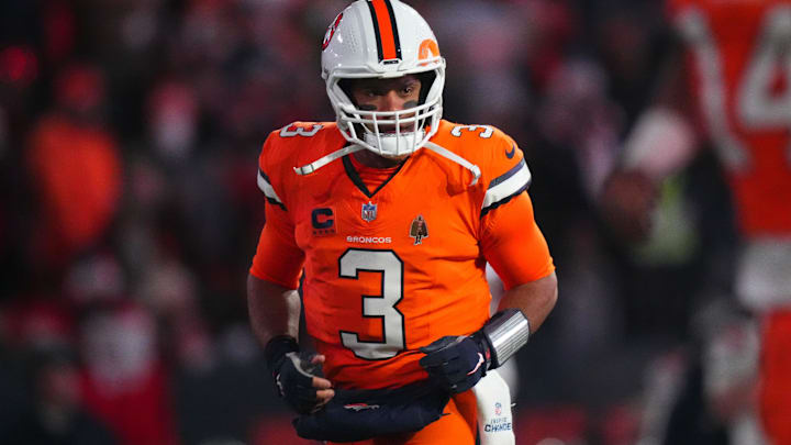 Dec 24, 2023; Denver, Colorado, USA; Denver Broncos quarterback Russell Wilson (3) before the game against the New England Patriots at Empower Field at Mile High. Mandatory Credit: Ron Chenoy-Imagn Images Dec 24, 2023; Denver, Colorado, USA; Denver Broncos quarterback Russell Wilson (3) before the game against the New England Patriots at Empower Field at Mile High. Mandatory Credit: Ron Chenoy-Imagn Images
