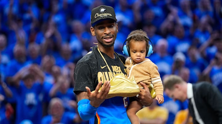 Jun 22, 2025; Oklahoma City, Oklahoma, USA; Oklahoma City Thunder guard Shai Gilgeous-Alexander (2) after winning game seven of the 2025 NBA Finals against the Indiana Pacers at Paycom Center.