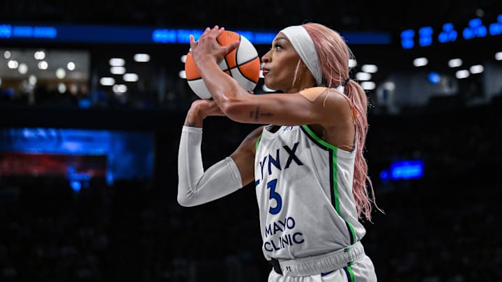 Aug 10, 2025; Brooklyn, New York, USA; Minnesota Lynx guard DiJonai Carrington (3) shoots the ball during the second half against the New York Liberty at Barclays Center. Mandatory Credit: John Jones-Imagn Images