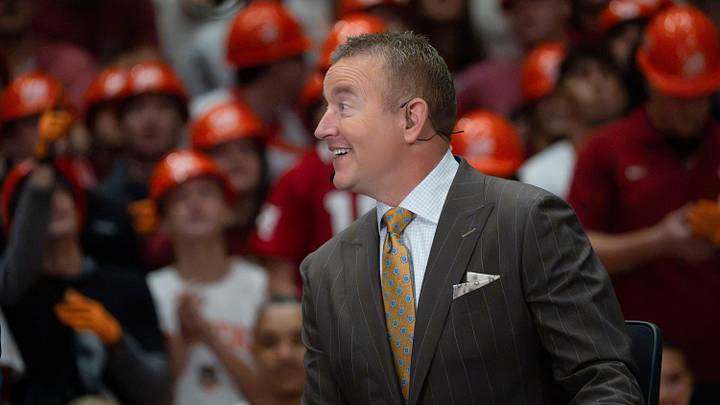 Oct. 10, 2026; Tuscaloosa, AL, USA; ESPN’s College GameDay show airs from inside Coleman Coliseum to avoid the weather caused by Hurricane Isaias. Co-host Kirk Herbstreit talks on set during the show. Oct. 10, 2026; Tuscaloosa, AL, USA; ESPN’s College GameDay show airs from inside Coleman Coliseum to avoid the weather caused by Hurricane Isaias. Co-host Kirk Herbstreit talks on set during the show.