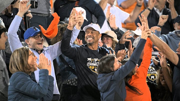 Tiger Woods cheers on daughter Sam during Benjamin's girls soccer 2A state championship on Mar. 1, 2025.